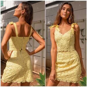 LULUs Spring It On Yellow Floral Embroidered Set Tie Strap Top Skirt | Small